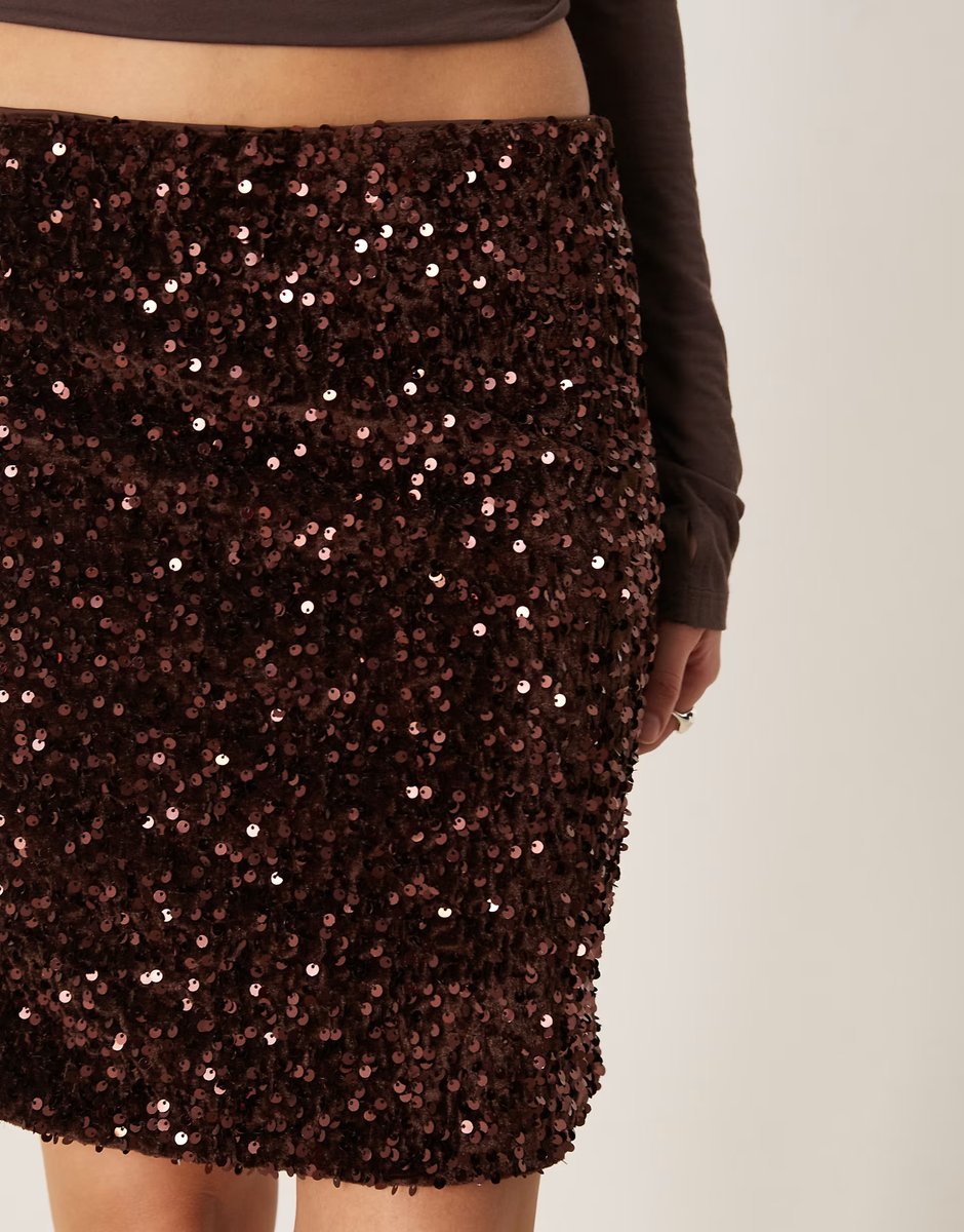 ASOS Vila sequin mini skirt in chocolate brown - 2