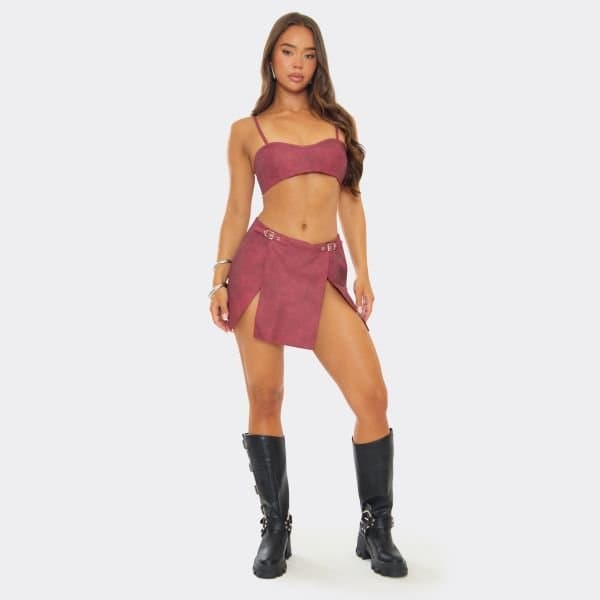 EGO Low Waist Split Leg Buckle Detail Mini Skirt In Burgundy Faux Leather, Women's Size UK 6