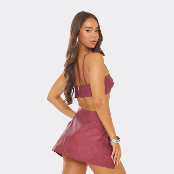 EGO Low Waist Split Leg Buckle Detail Mini Skirt In Burgundy Faux Leather, Women's Size UK 6 - 2