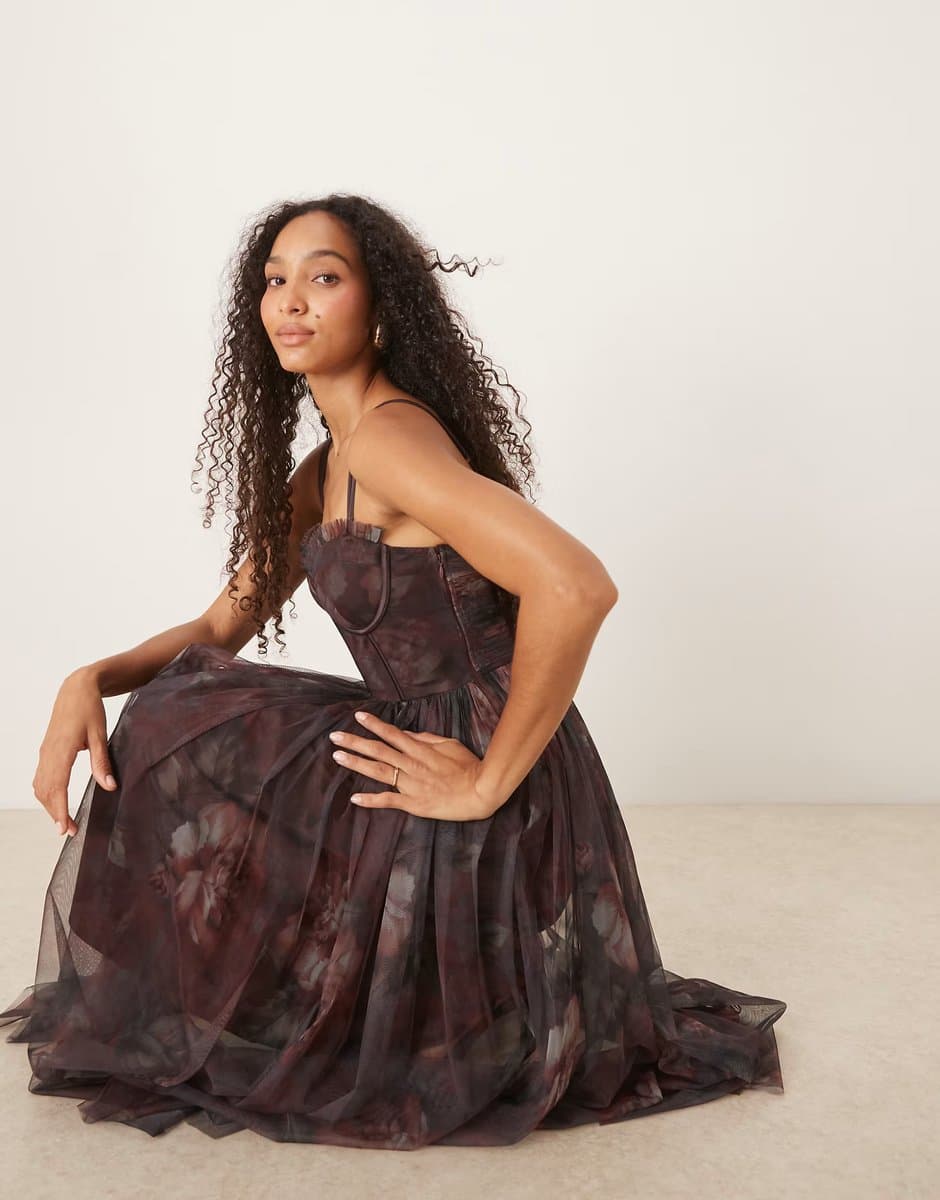 ASOS Lace & Beads corset tulle midaxi dress in blurred plum