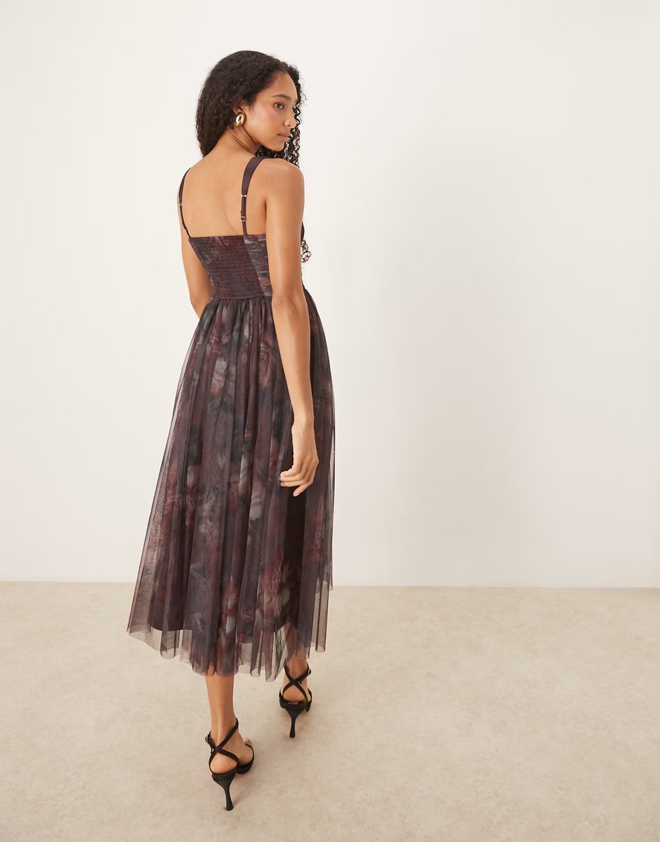 ASOS Lace & Beads corset tulle midaxi dress in blurred plum - 3