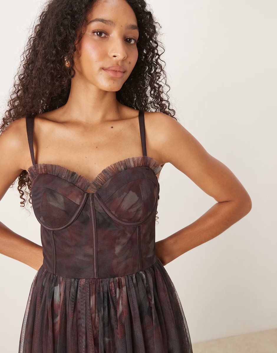 ASOS Lace & Beads corset tulle midaxi dress in blurred plum - 4