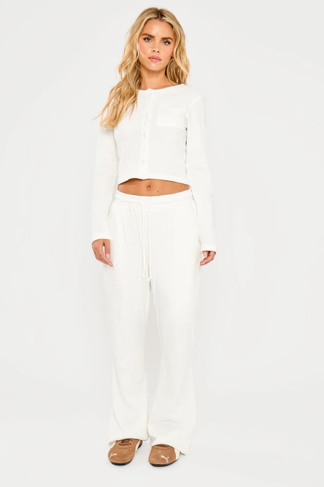 Kaiia Kaiia Waffle Button Up Long Sleeve Top Cream - 3