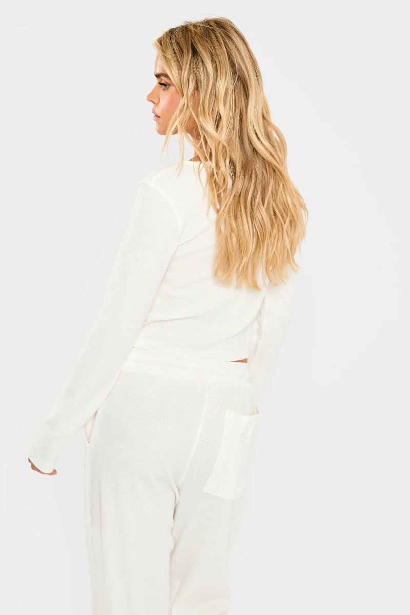 Kaiia Kaiia Waffle Button Up Long Sleeve Top Cream - 4