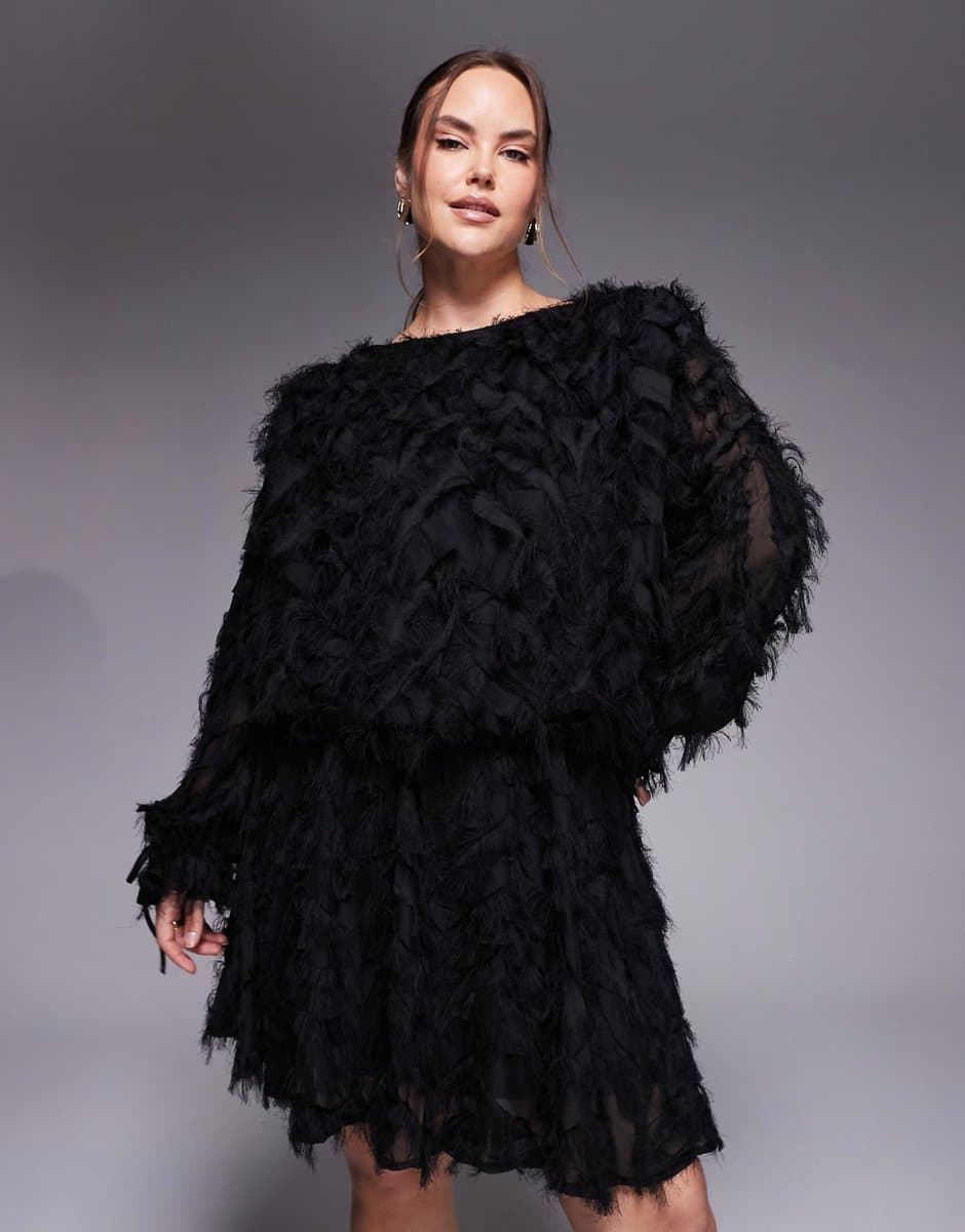 ASOS Jaded Rose Plus textured fluffy blouson mini dress in black