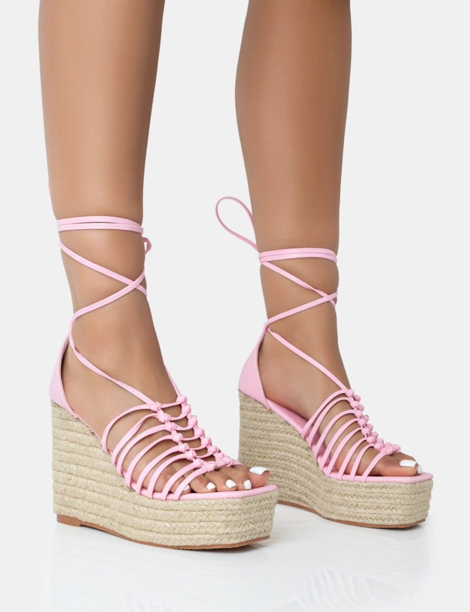 Public Desire Public Desire Baby Pink Lace-Up Raffia Wedge Heels