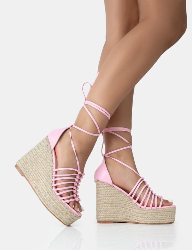 Public Desire Reece Baby Pink PU Knot Strap Lace Up Raffia Wedge Heels - 2