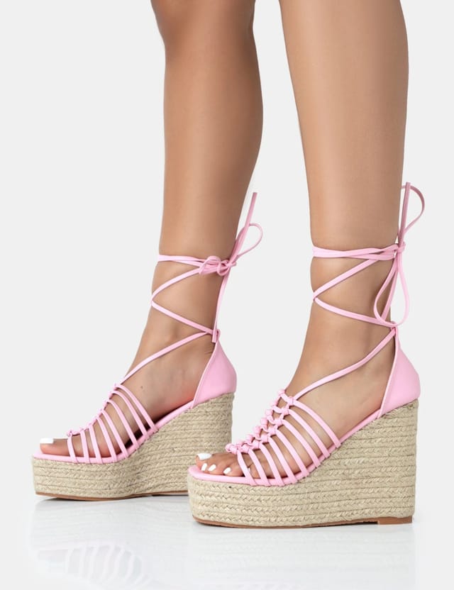 Public Desire Reece Baby Pink PU Knot Strap Lace Up Raffia Wedge Heels - 3