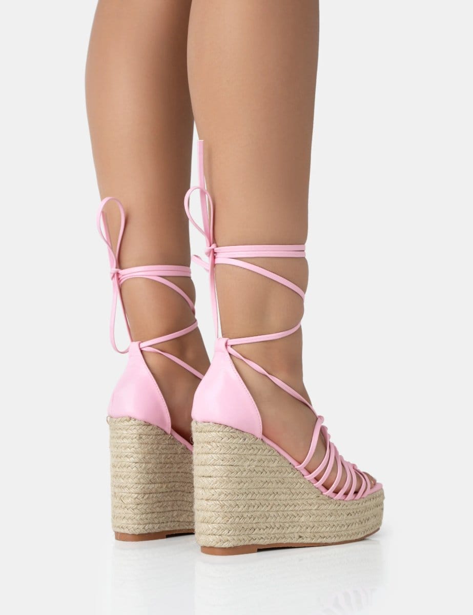 Public Desire Reece Baby Pink PU Knot Strap Lace Up Raffia Wedge Heels - 4