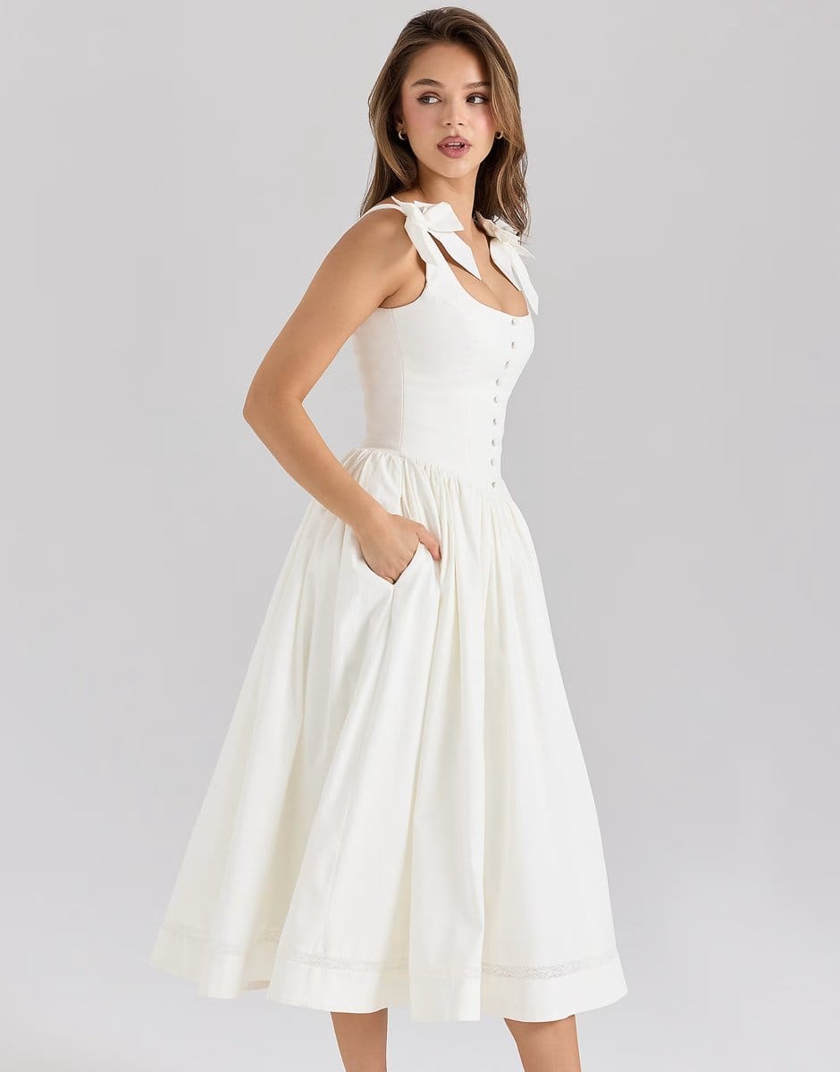 ASOS House of CB Lillia stretch cotton bow midi dress in white - 4