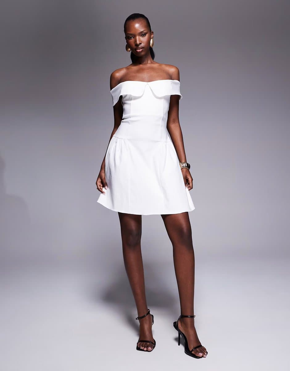 ASOS Vesper bengaline bardot foldover skater mini dress in white
