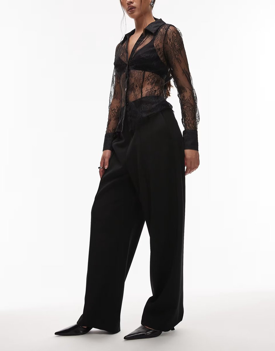 ASOS ARKET satin wide straight leg tailored trousers with elasticated waist in black  - 3