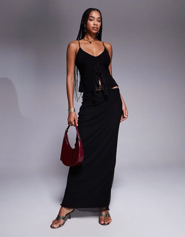 ASOS Fashionkilla exclusive double sculpted slinky ruffle front mesh overlay top co-ord in black - 2