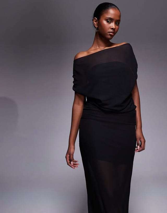 ASOS Fashionkilla exclusive chiffon bandeau cape detail gathered waist sheer hem maxi dress in black - 3