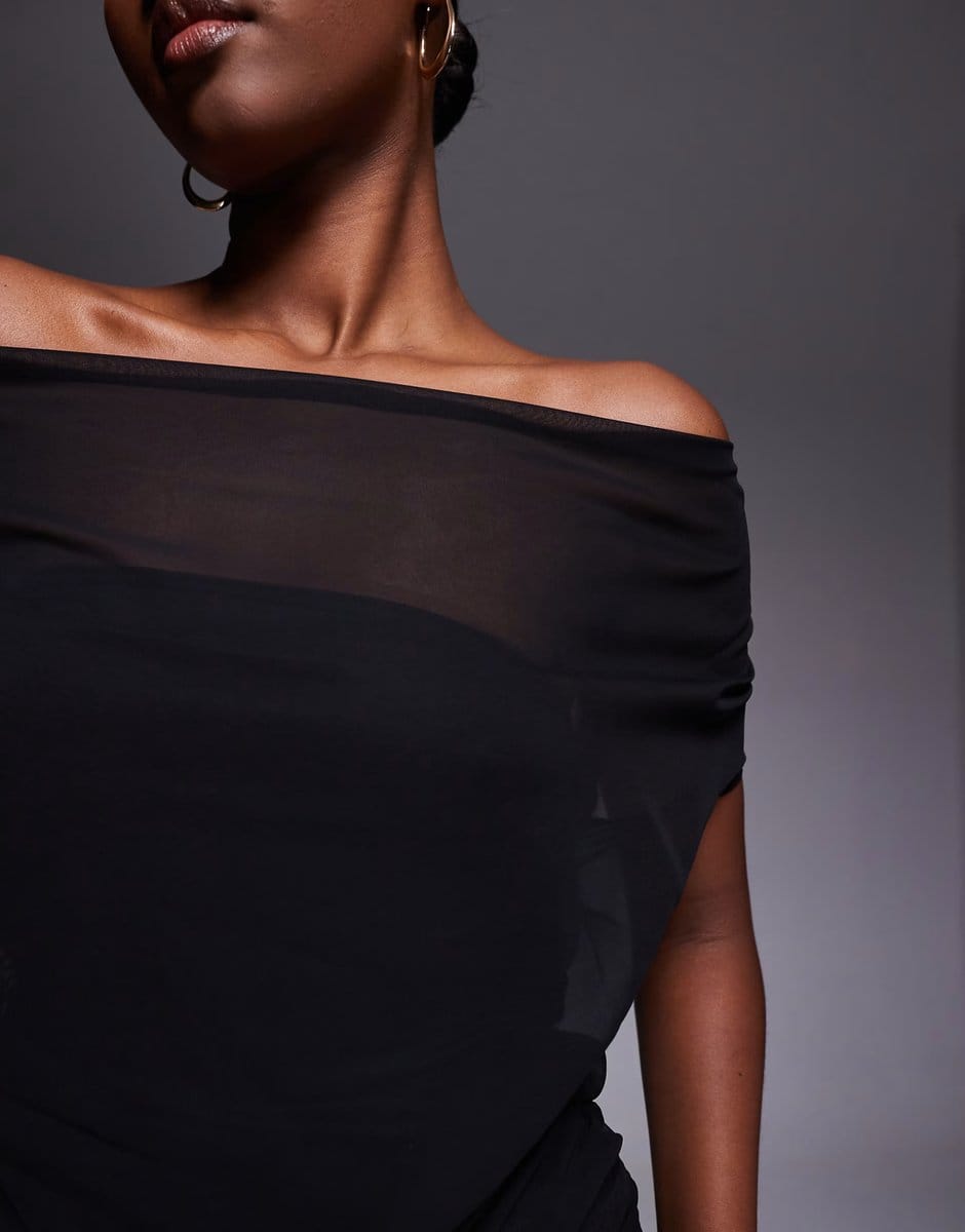 ASOS Fashionkilla exclusive chiffon bandeau cape detail gathered waist sheer hem maxi dress in black - 4