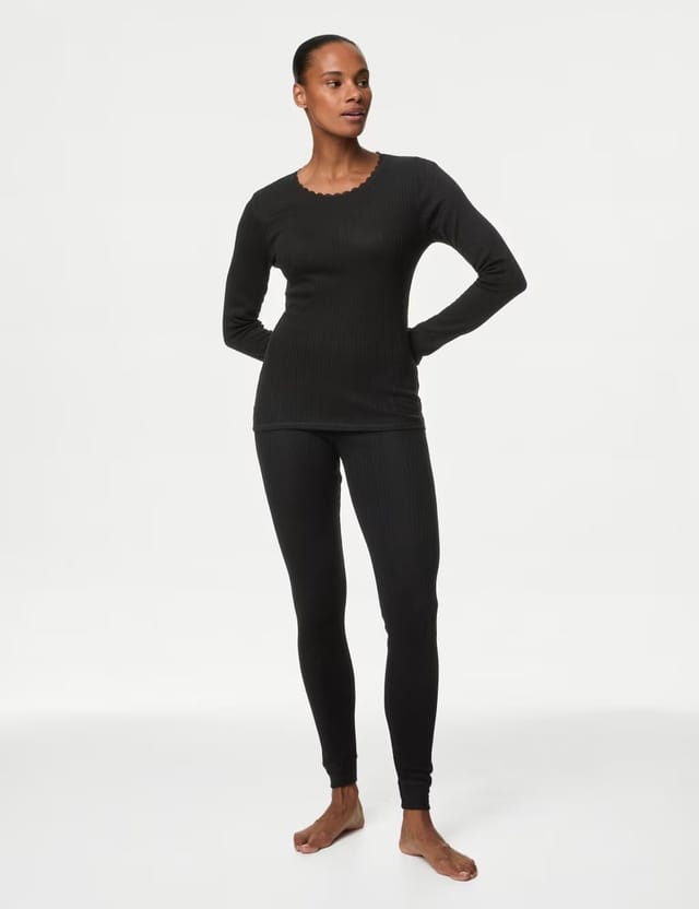 Marks & Spencer M&S 2 Pack Medium Warmth Pointelle Thermal Long Sleeve Tops Black Mix - 2