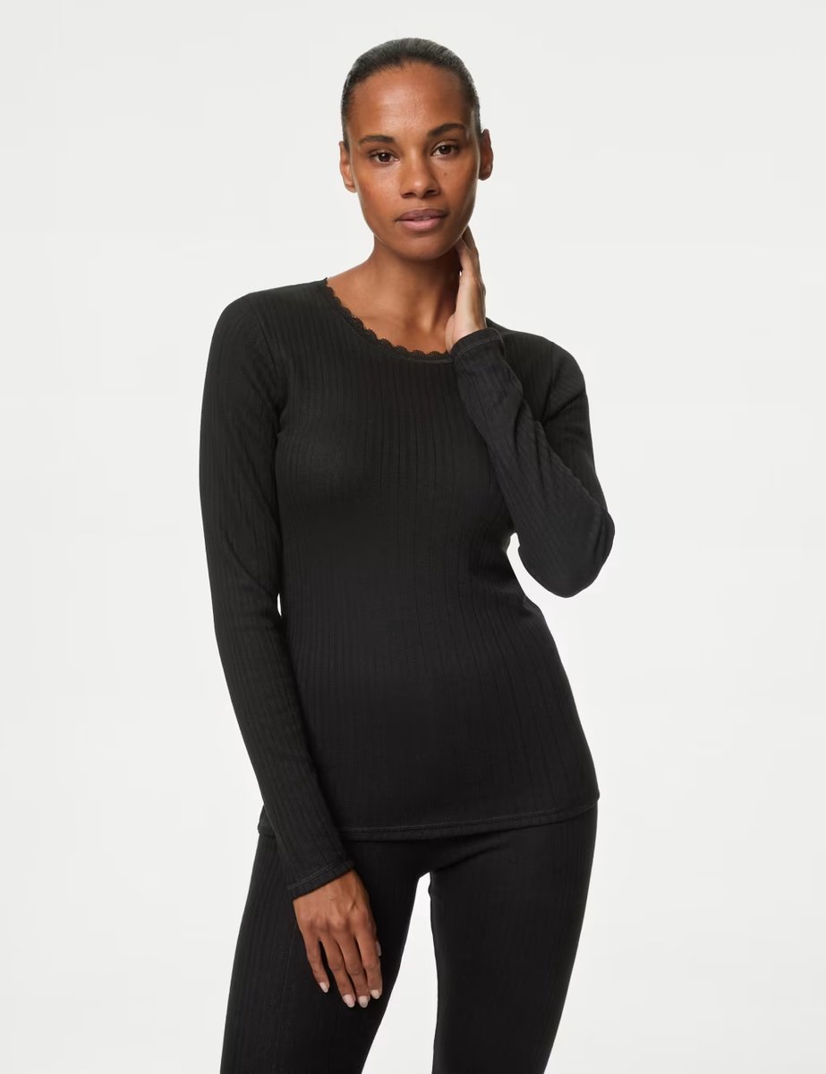 Marks & Spencer M&S 2 Pack Medium Warmth Pointelle Thermal Long Sleeve Tops Black Mix - 3