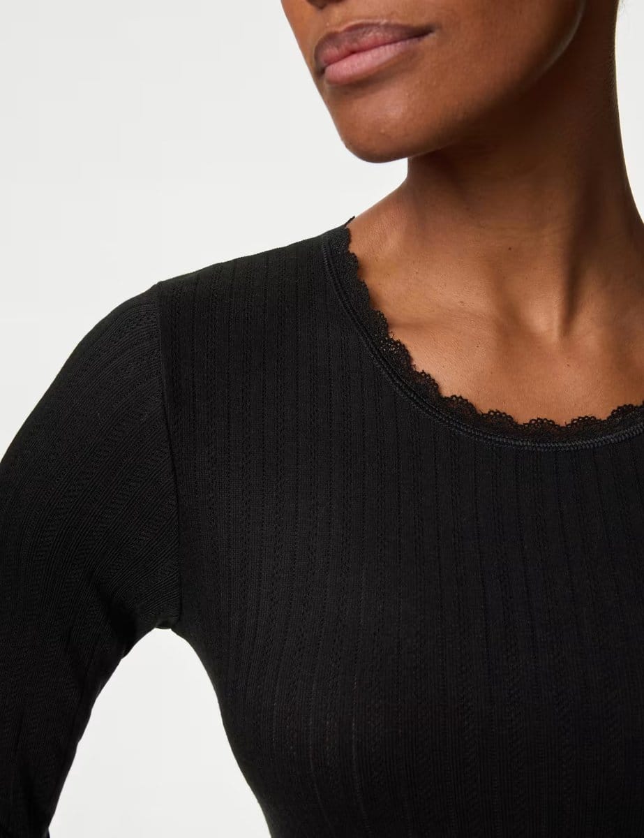 Marks & Spencer M&S 2 Pack Medium Warmth Pointelle Thermal Long Sleeve Tops Black Mix - 4