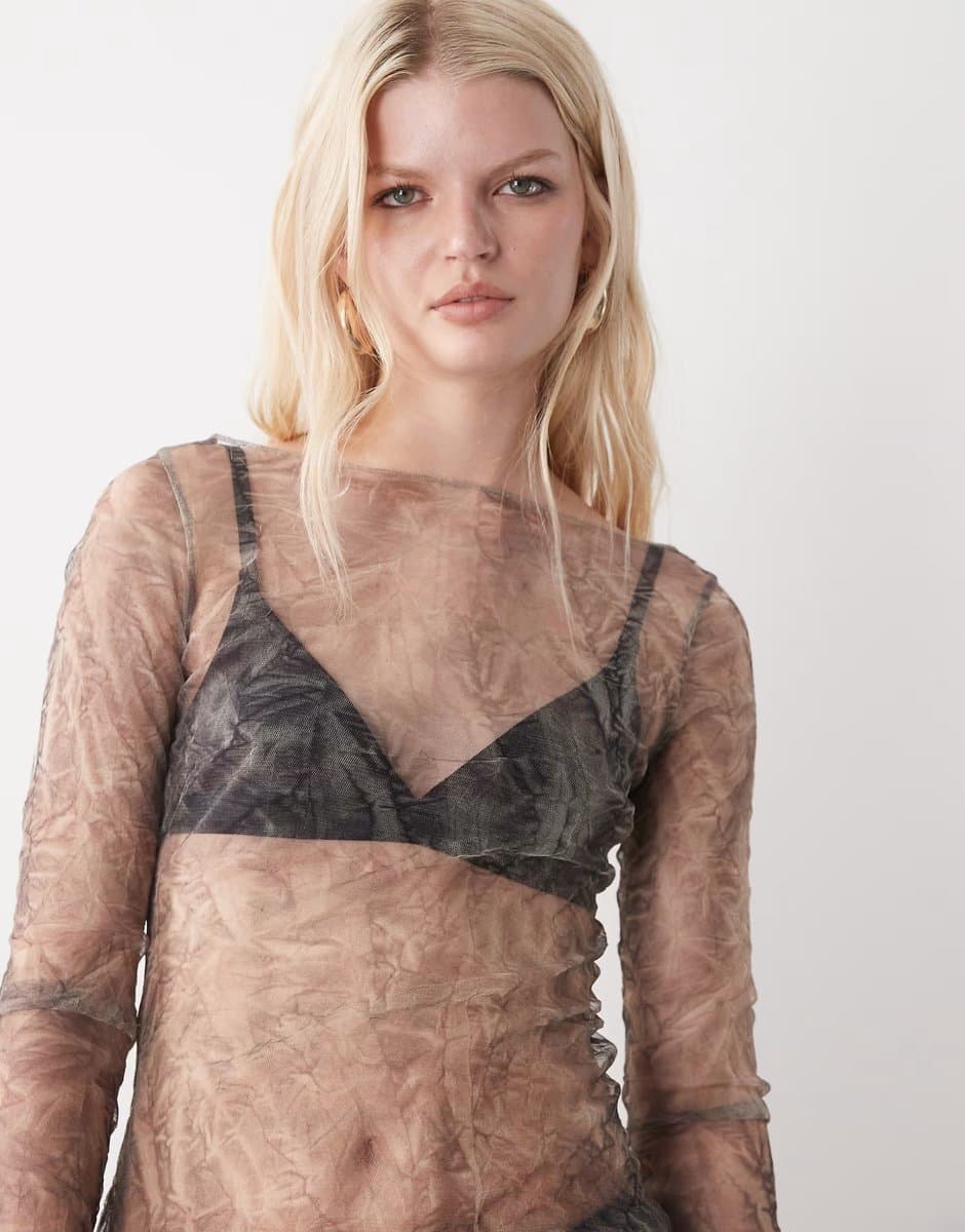 ASOS Weekday sheer mesh slash neck long sleeve top in crinkle print