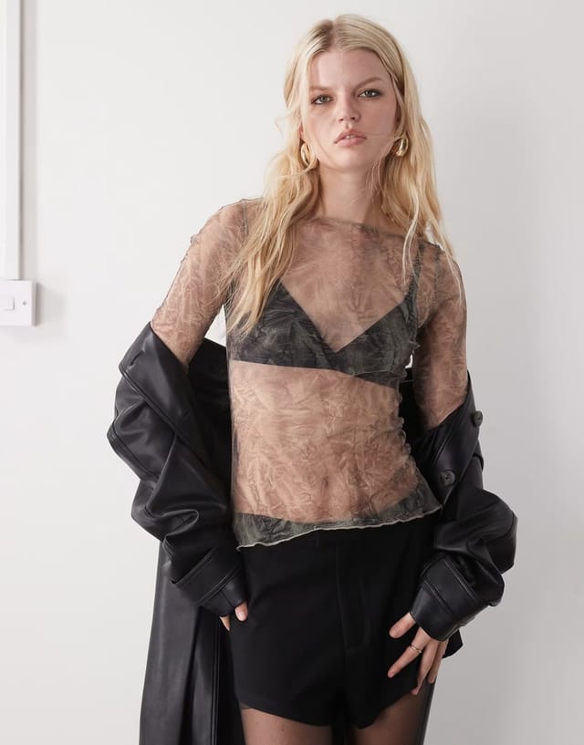 ASOS Weekday sheer mesh slash neck long sleeve top in crinkle print - 3