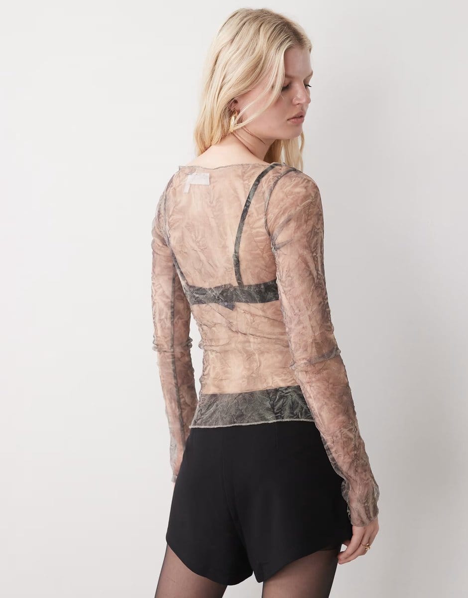 ASOS Weekday sheer mesh slash neck long sleeve top in crinkle print - 4