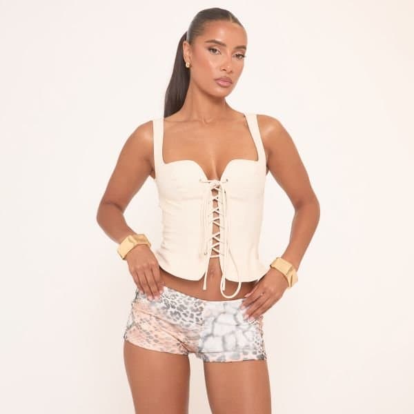 EGO Low Rise Micro Shorts In Brown Multi Print, Women's Size UK 12