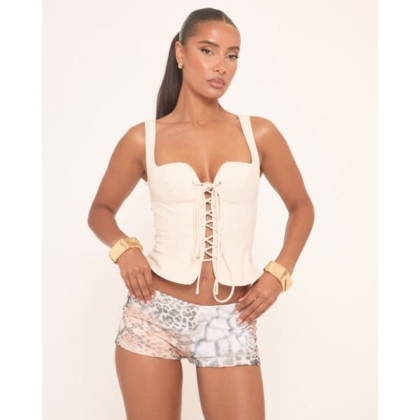 EGO Low Rise Micro Shorts In Brown Multi Print, Women's Size UK 12 - 2