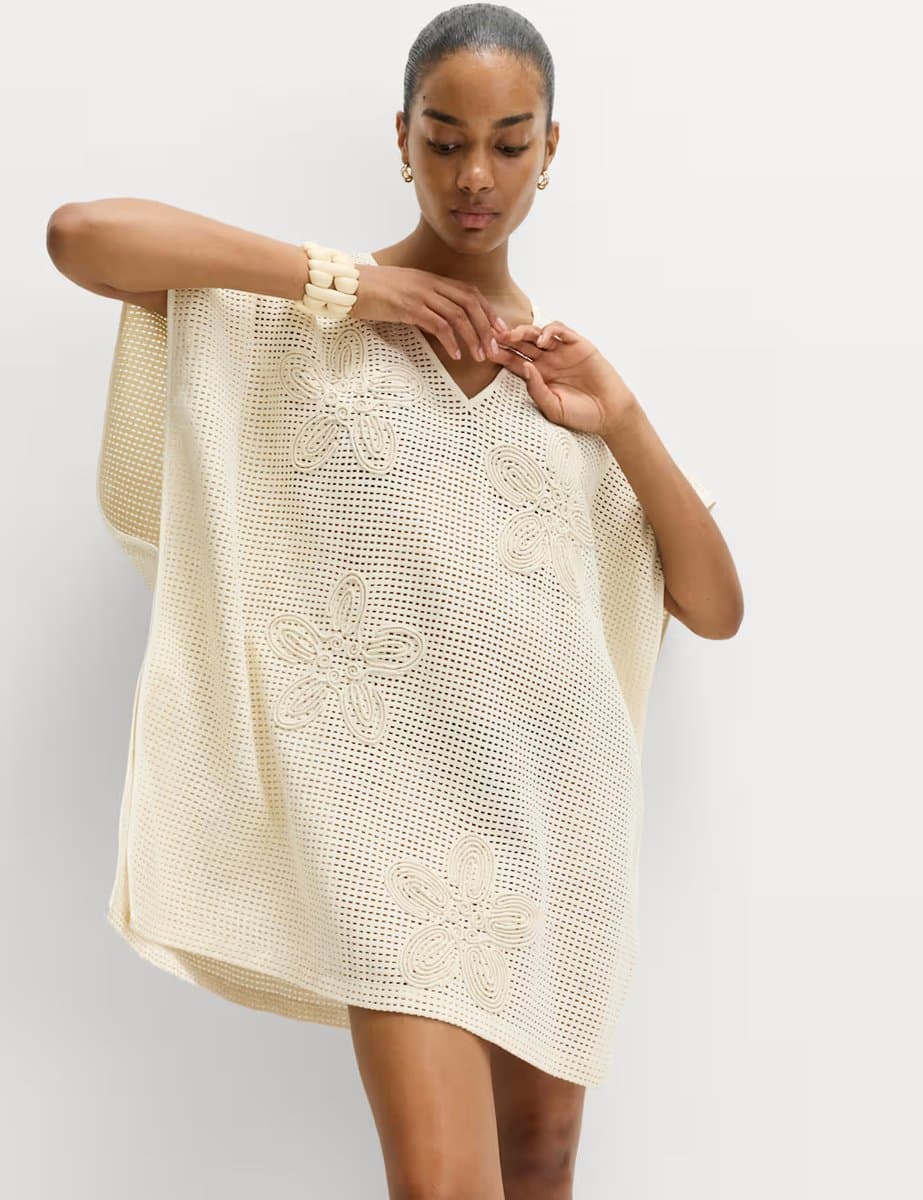 Marks & Spencer M&S Pure Cotton Floral Detail Mini Kaftan Ecru