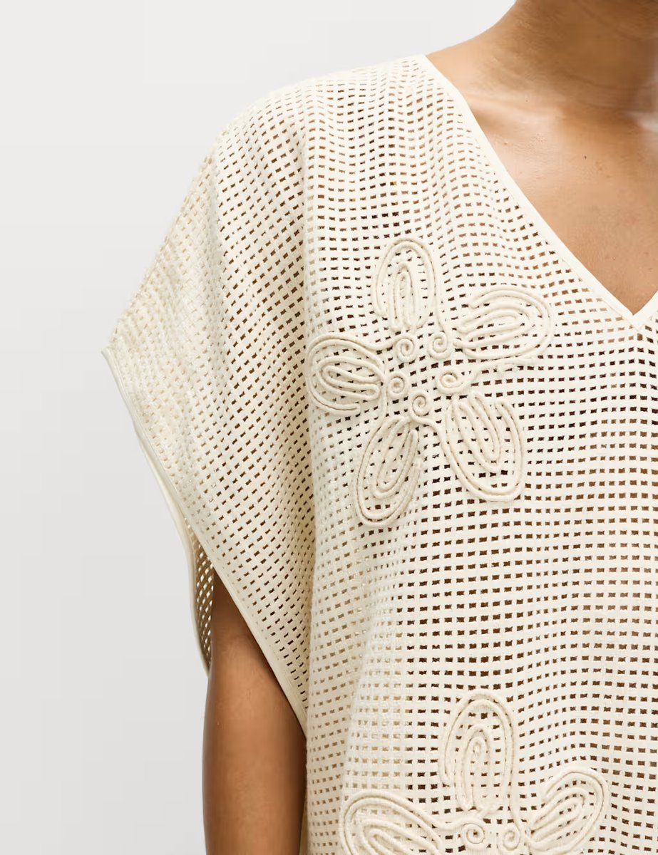 Marks & Spencer M&S Pure Cotton Floral Detail Mini Kaftan Ecru - 2