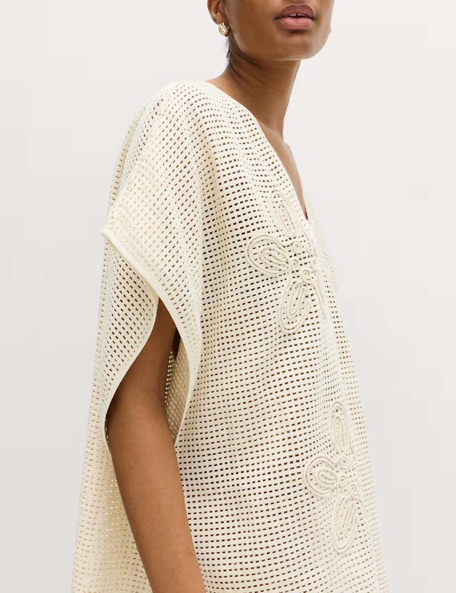 Marks & Spencer M&S Pure Cotton Floral Detail Mini Kaftan Ecru - 3