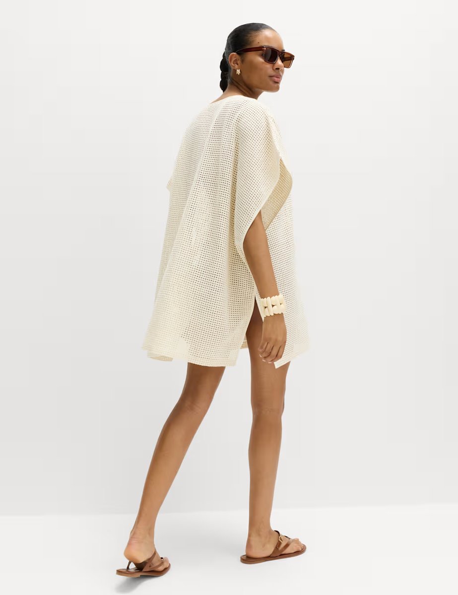 Marks & Spencer M&S Pure Cotton Floral Detail Mini Kaftan Ecru - 4