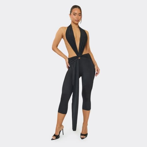 EGO Extreme Cut Out Drape Detail Jumpsuit In Black, Women's Size UK Large L