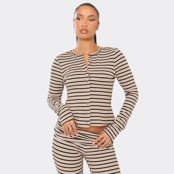 EGO Long Sleeve Button Up Top In Brown Striped Soft Fleece, Women's Size UK 14