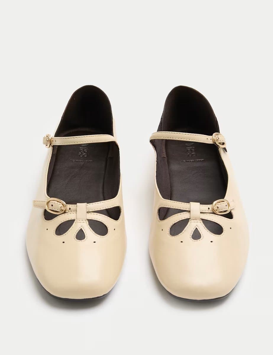 Marks & Spencer M&S Leather Cut Out Mary Jane Ballet Pumps Buttermilk