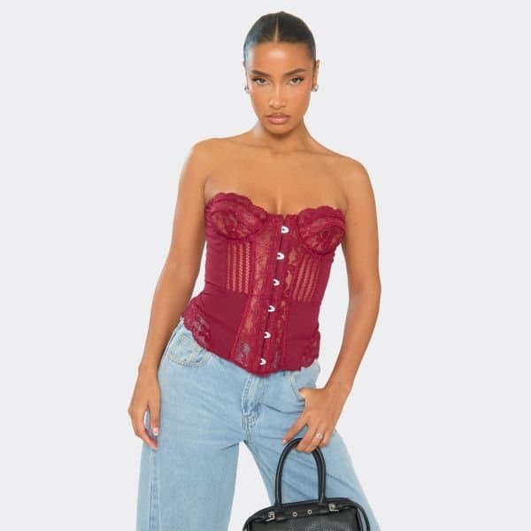 EGO Bandeau Hook And Eye Corset Top In Burgundy Lace, Women's Size UK 6