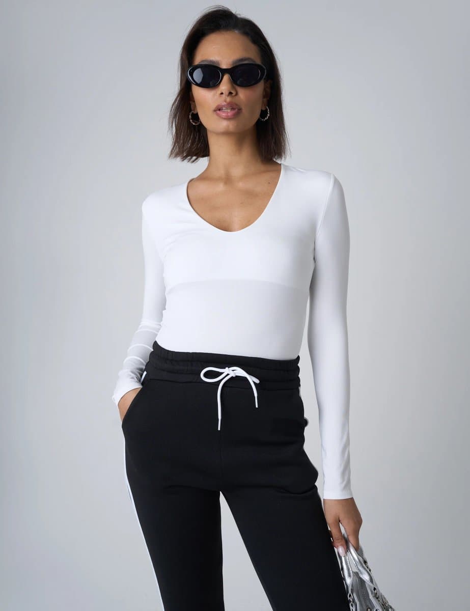 Public Desire V Neck Long Sleeve Bodysuit White