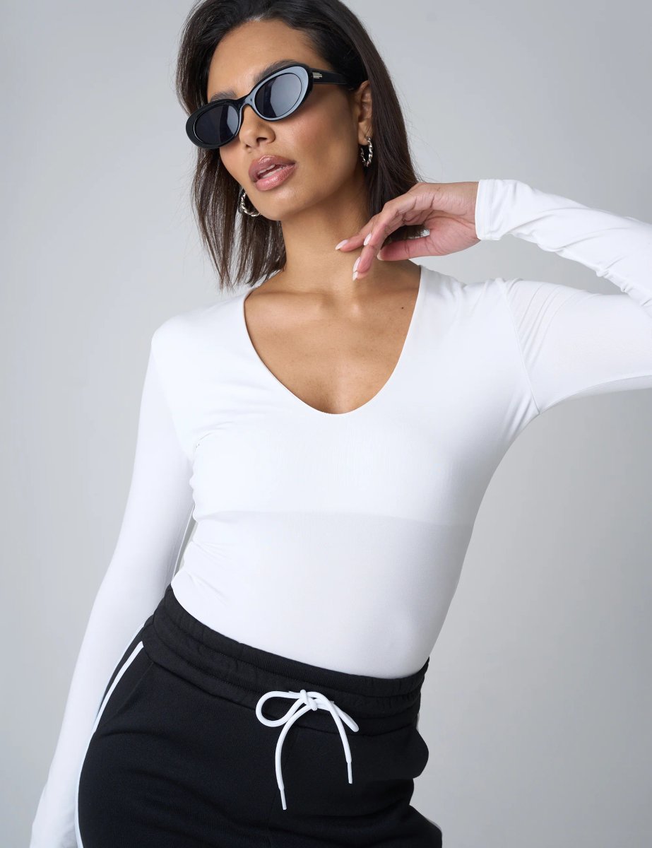 Public Desire V Neck Long Sleeve Bodysuit White - 4