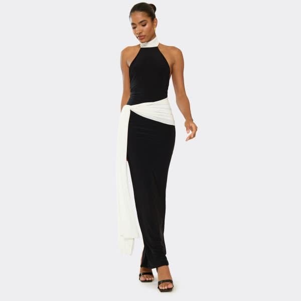 EGO High Neck Contrast Drape Detail Maxi Dress In Black, Women's Size UK 6