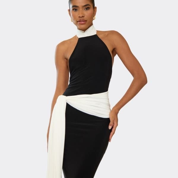 EGO High Neck Contrast Drape Detail Maxi Dress In Black, Women's Size UK 6 - 2