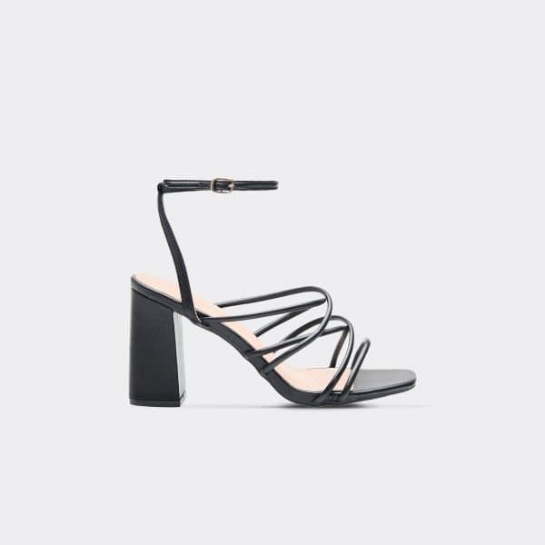 EGO Ember Strappy Detail Block Heel In Black Faux Leather, Women's Size UK 3