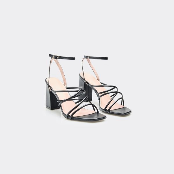 EGO Ember Strappy Detail Block Heel In Black Faux Leather, Women's Size UK 3 - 2