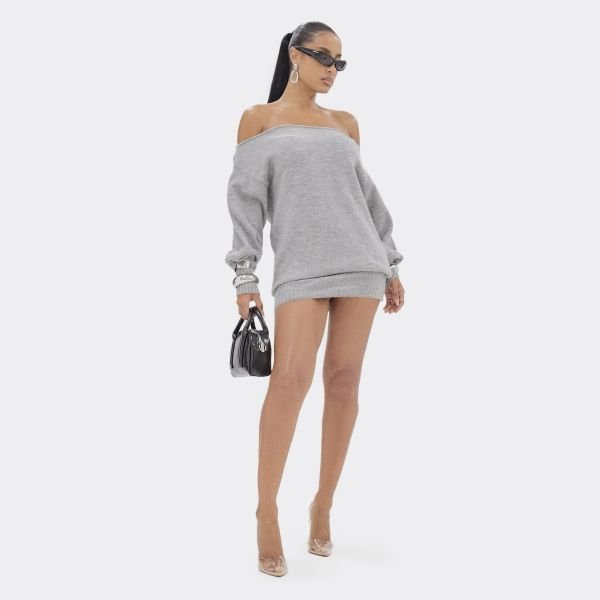 EGO Long Sleeve Off The Shoulder Mini Dress In Grey, Women's Size UK Large L - 2