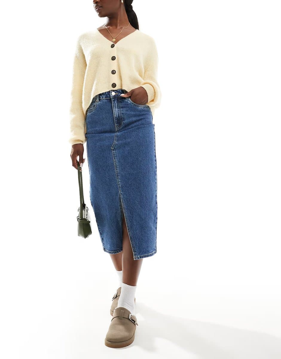 ASOS Vero Moda denim midaxi skirt with front split in medium blue denim
