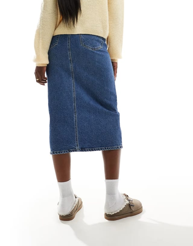 ASOS Vero Moda denim midaxi skirt with front split in medium blue denim - 3