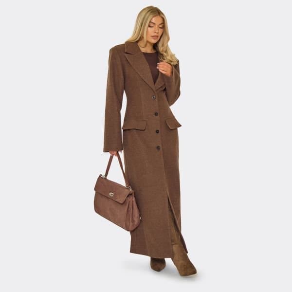 EGO EGO Elegant Chocolate Brown Blazer-Inspired Wool Maxi Coat