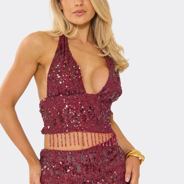 EGO Halterneck Embroidered Bead Trim Detail Crop Top In Burgundy Sequin, Women's Size UK 6 - 2