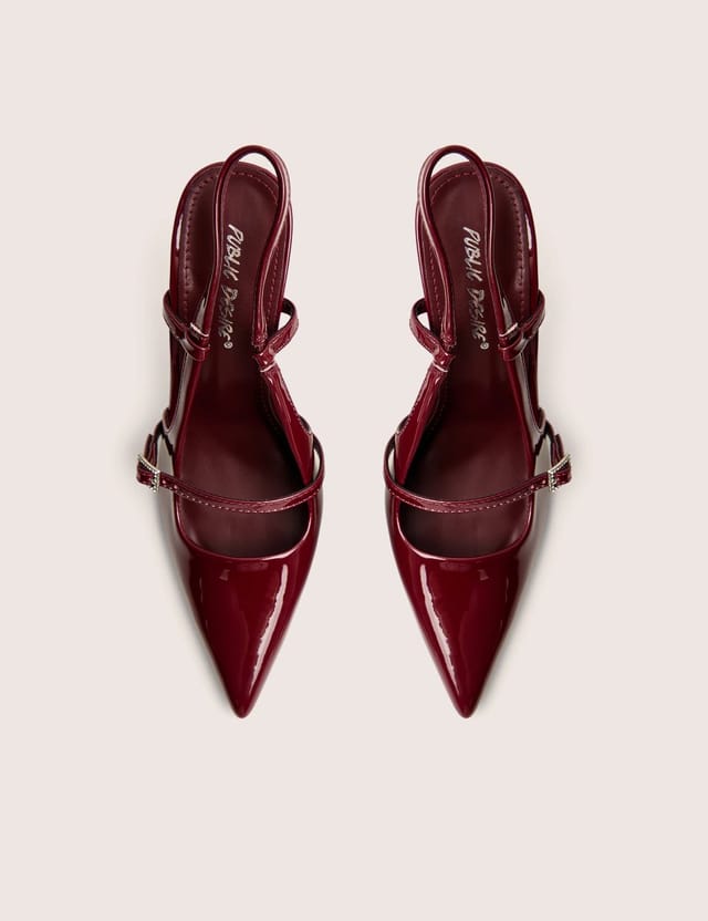 Public Desire Forget Me Not Burgundy Embellished Buckle Detail Sling Back Court Heels - 2