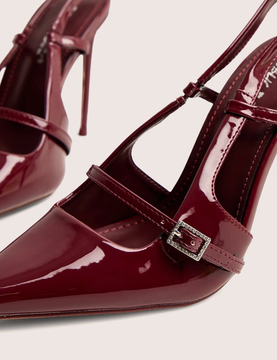 Public Desire Forget Me Not Burgundy Embellished Buckle Detail Sling Back Court Heels - 4
