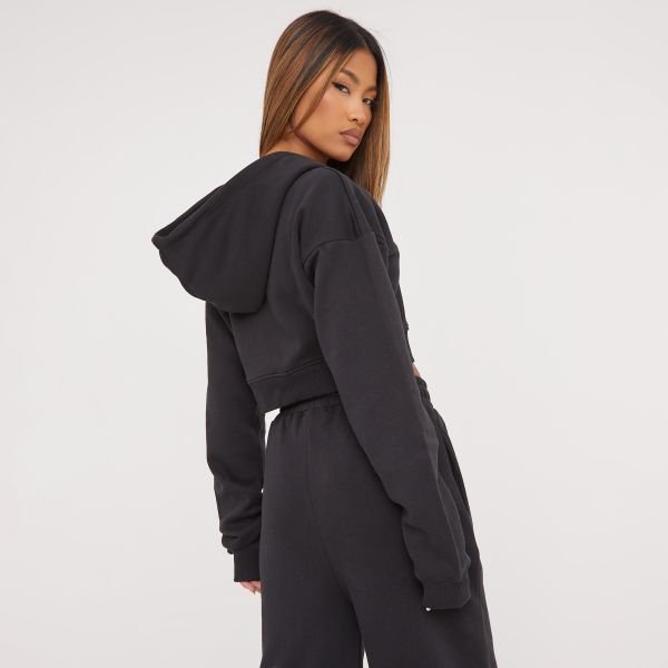 EGO Long Sleeve Oversized Zip Detail Cropped Hoodie In Black, Women's Size UK 4 - 2
