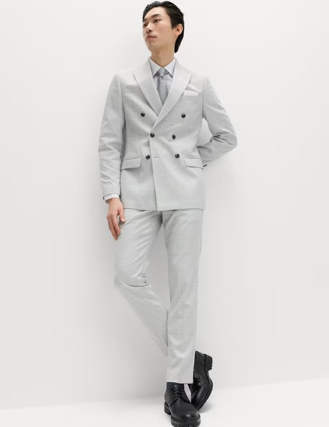 Marks & Spencer M&S Slim Fit Check Double Breasted Suit Jacket Light Grey Mix - 2